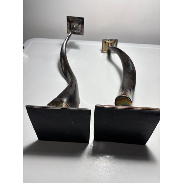 1990s Commanding Tall Pair of Twisted Horn Candlesticks With Metal Bases and Holders For Sale - Image 5 of 12
