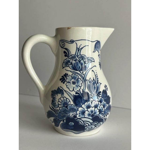 Traditional Vintage Mid 20th Century Small Royal Delft Blue & White Floral Ceramic Pitcher For Sale - Image 3 of 12