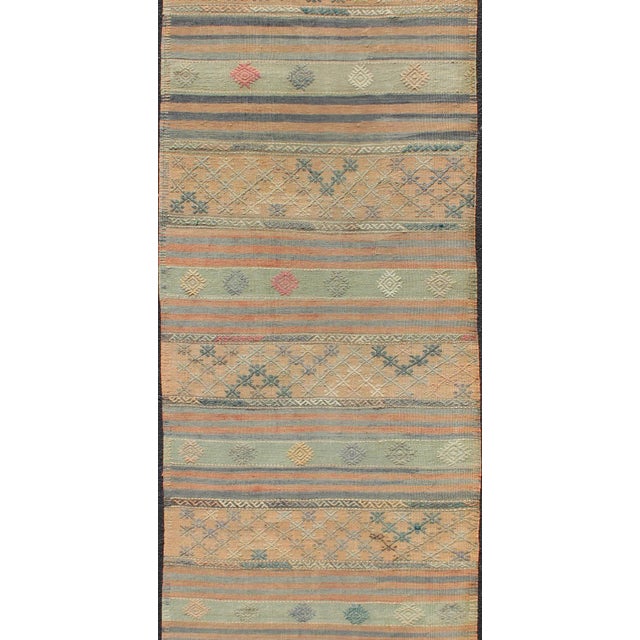 Vintage Turkish Kilim Runner With Geometric Shapes and Colorful Stripes For Sale - Image 4 of 11