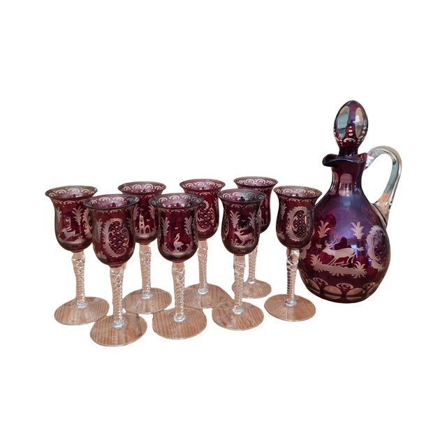Red Early 20th Century Czech Decanter With 8 Glasses For Sale - Image 8 of 11