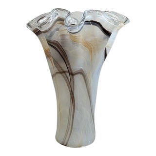 Vinatge MCM Murano Italy Hand Blown Art Glass White Swirl Handkerchief Ruffled Vase For Sale