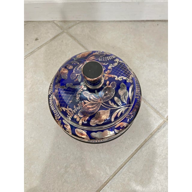 Early 20th Century Early 20th Century Blue Glass & Silver Floral Overlay Bowl With Lid For Sale - Image 5 of 7