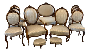 Antique Victorian Carved Walnut Salon Suite, 1850s, Set of 11