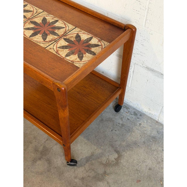 Brown Teak Tile-Top Rolling Bar Cart Danish Mid-Century Modern Tea Trolley 1960s For Sale - Image 8 of 11