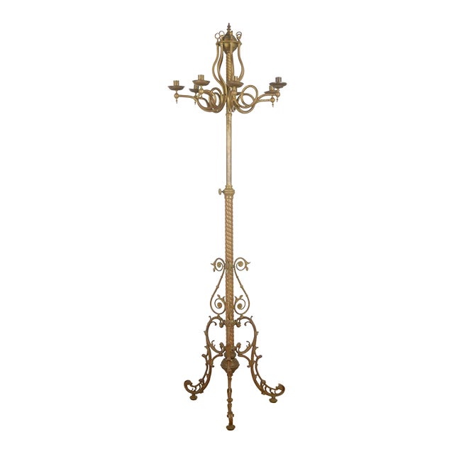 Mid 20th Century Victorian Brass 7 Arm Floor Candelabra Lamp For Sale