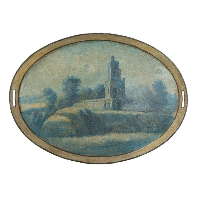 Vintage Hand Painted Tole Tray Blue and Cream Oval Landscape With Tower Architecture For Sale