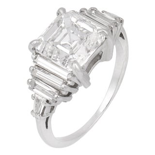 1950s Mid Century Gia 2.70 Carat Square Emerald Cut Diamond Platinum Engagement Ring, Size 4 For Sale