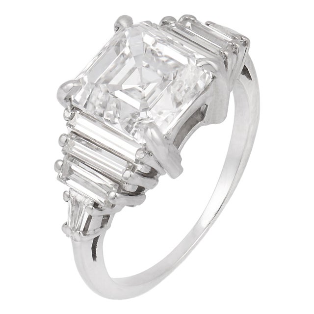 1950s Mid Century Gia 2.70 Carat Square Emerald Cut Diamond Platinum Engagement Ring, Size 4 For Sale