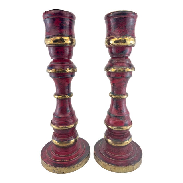 1970s Pair of Hand-Painted Red and Gold Wooden Candleholders With Brass Trim For Sale