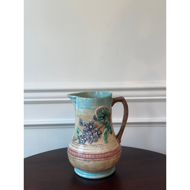Antique Majolica Floral Pitcher For Sale - Image 4 of 9