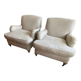 Pair of Restoration Hardware English Roll Arm Linen Barclay Chairs For Sale