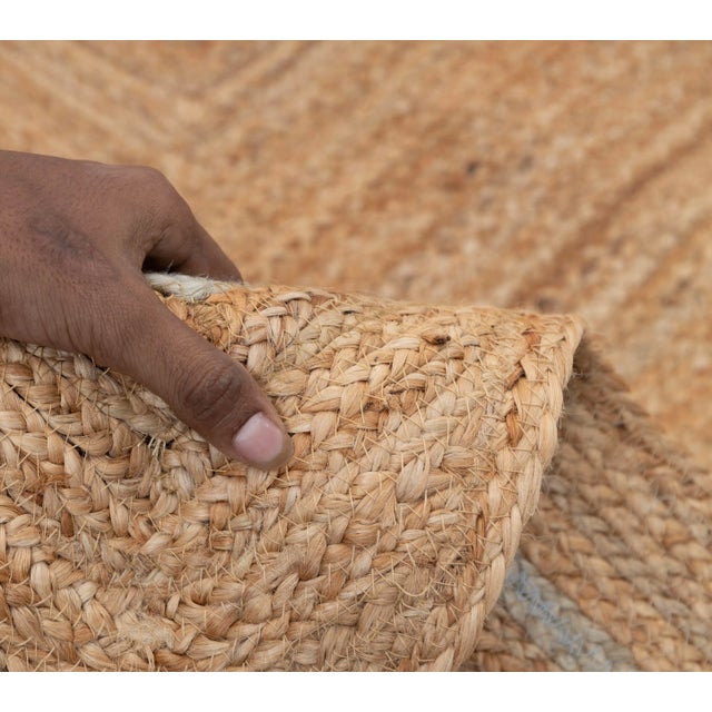 Tan Light Blue Natural Jute Wave Scallop Rug 2.5x10 Ft. For Sale - Image 8 of 12