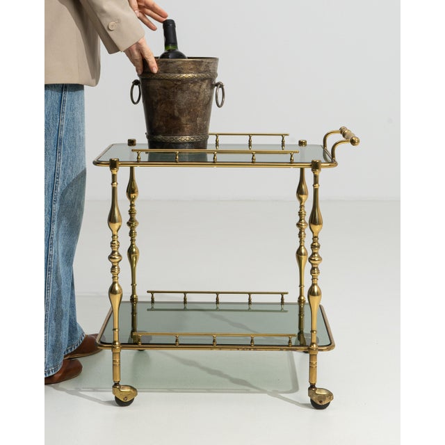 Gold Hollywood Regency Brass Bar Cart on Wheels, France, 1960 Gold For Sale - Image 8 of 13