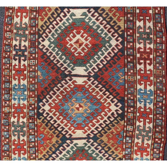 Late 19th Century Antique Caucasian Kazak Rug With Geometric Design Medallions 3'10" X7'4" For Sale - Image 5 of 13
