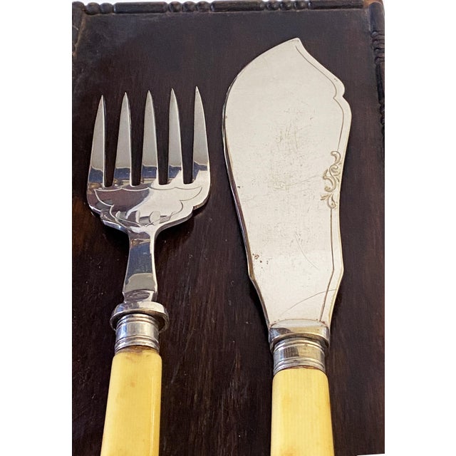 Elegant Place Setting For 6 ,EPNS Engraved Fish Knives And Forks, with two serving pieces , In a wooden Box., Dimensions;...