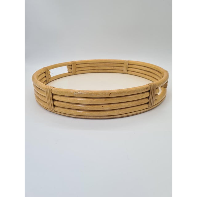 Vintage Round Rattan and Bamboo Tray, 1970s For Sale - Image 4 of 10