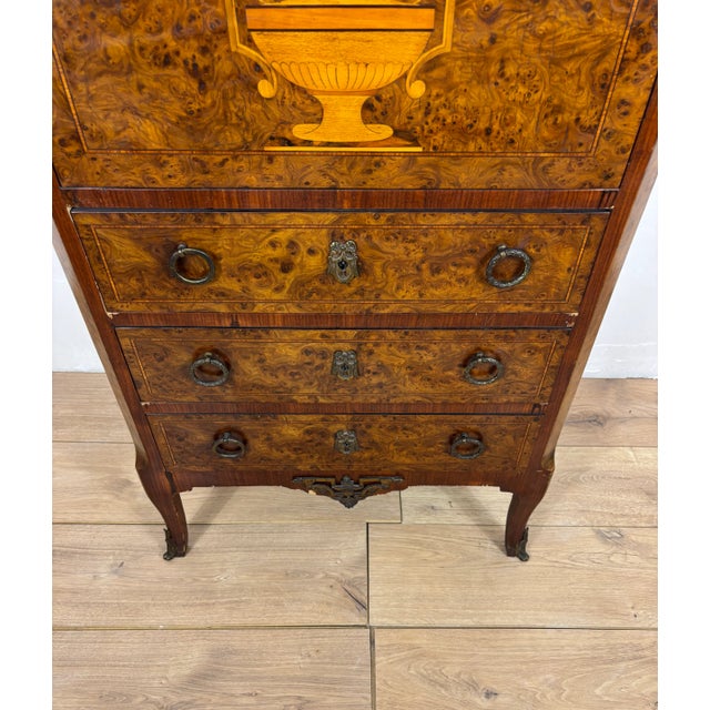 French Louis XVI Style Burl Wood Secretary Chest with Marble Top, 1930s For Sale - Image 15 of 16