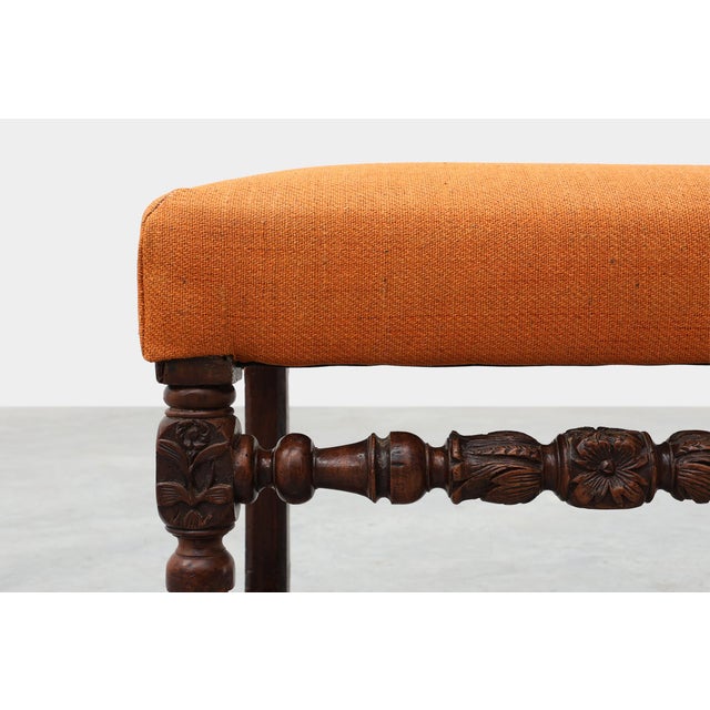 Louis XIII Walnut Stool with Carved Turned Stretchers and Upholstered Seat, France, 1600s For Sale - Image 3 of 12
