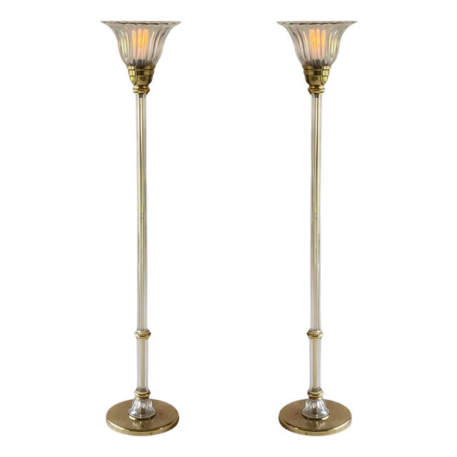 Pair of Vetri Artistica Murano Glass and Brass Torchiers For Sale
