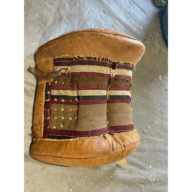 Vintage Antique Leather Camel Saddle – Textile Detail Decor Piece For Sale - Image 6 of 10