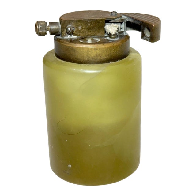 Rare Antique Knapp Carved Green Onyx Stone Bronze Heavy Table Cigar Lighter For Sale