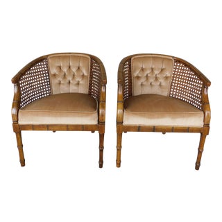 Vintage Barrel Back Regency Style Faux Bamboo Arm Chairs - a Pair For Sale
