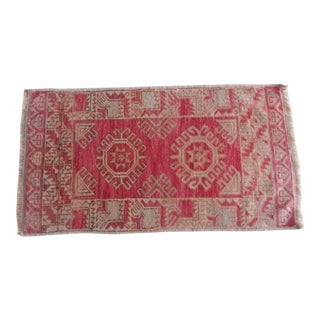 Small Rug Hand Knotted Distressed Oushak Rug Yastik 1′10″ × 3′5″ For Sale