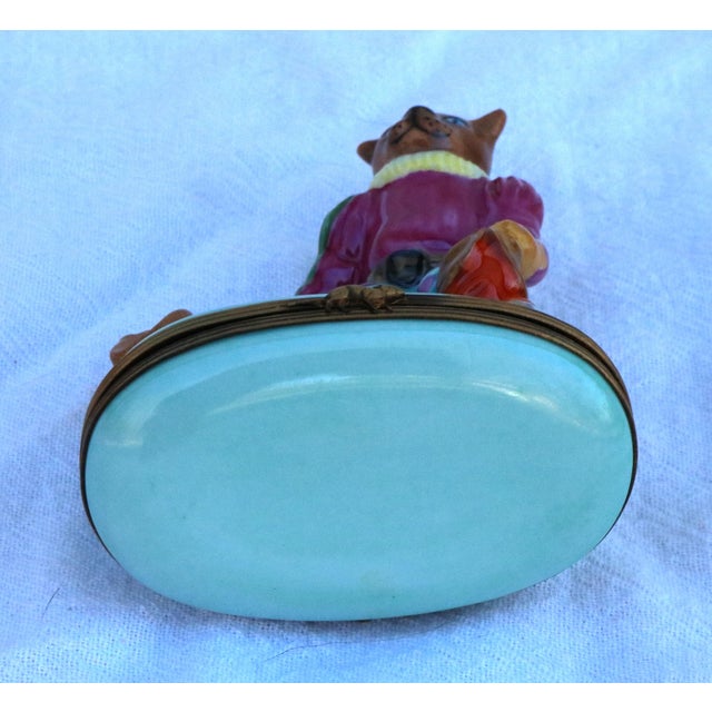 Metal Late 20th Century Puss N' Boots Hand-Painted Limoges Snuff Trinket Box 4" Tall For Sale - Image 7 of 13