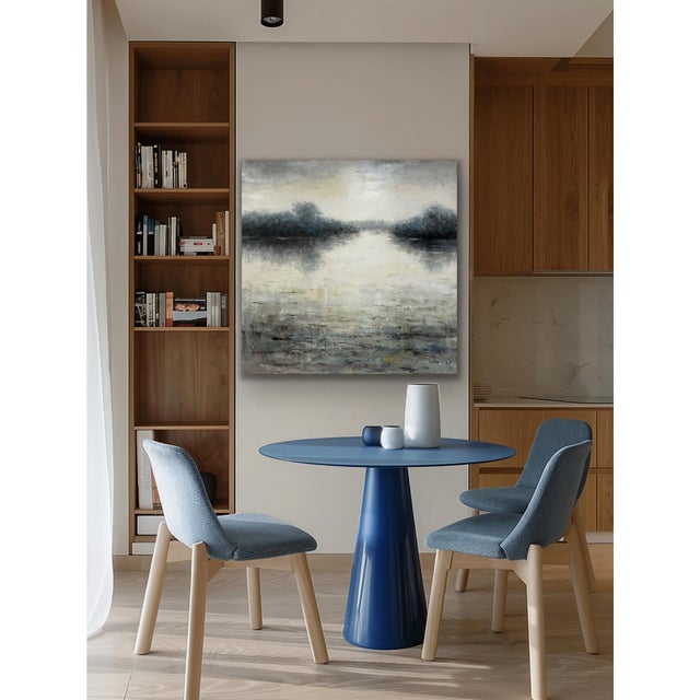 This original 48" x 48" acrylic painting captures a tranquil, atmospheric water landscape in a sophisticated palette of...