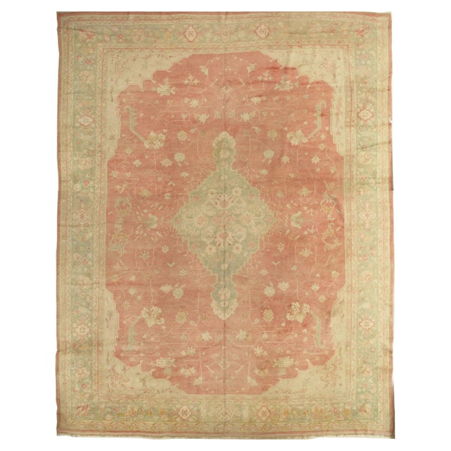 Antique Oushak Carpet, Oriental Rug, Handmade Ivory, Muted Coral, Soft Green For Sale - Image 18 of 18