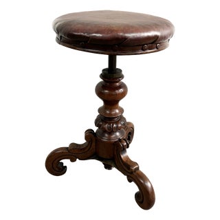 Victorian Revolving Piano Stool on Turned Carved Column with Triple Scroll Support and Leather Top, 1860s For Sale