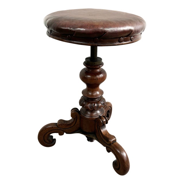 Victorian Revolving Piano Stool on Turned Carved Column with Triple Scroll Support and Leather Top, 1860s For Sale