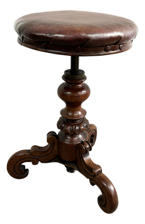 Victorian Revolving Piano Stool on Turned Carved Column with Triple Scroll Support and Leather Top, 1860s