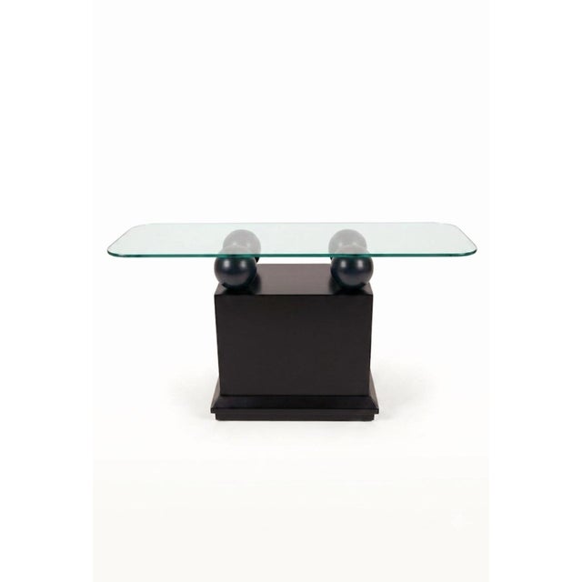Wood Vintage Post Modern Black Lacquer Sphere Glass Top Karl Springer Style Console Table For Sale - Image 7 of 11