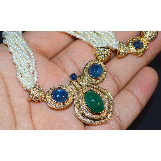 Green Certified Natural 141.4CTS VS F Diamond Emerald Sapphire Pearl 18K Solid Gold Necklace For Sale - Image 8 of 8