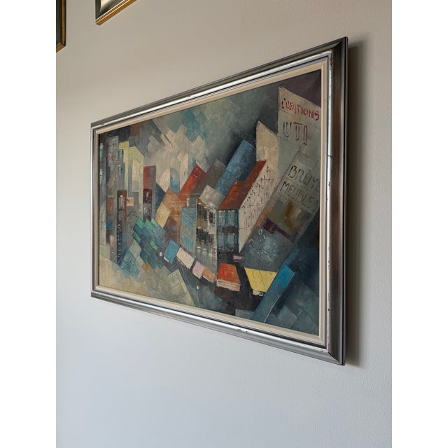 1970’s Mid-Century Impressionist Geometric Abstract Cityscape Oil on Canvas Painting, Framed For Sale - Image 4 of 12