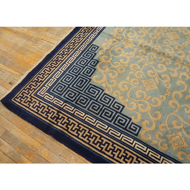 Textile 1960s Sky Blue Medallion Greek Key Vintage Chinese Peking Rug 6'8" X 9'6" Knotted Wool Carpet For Sale - Image 7 of 9