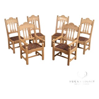 Southwest Style Vintage Set of Six Carved Pine Dining Chairs For Sale