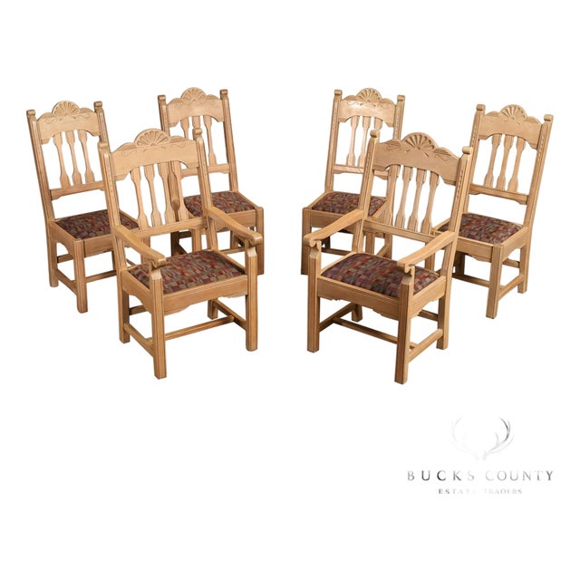 Southwest Style Vintage Set of Six Carved Pine Dining Chairs For Sale