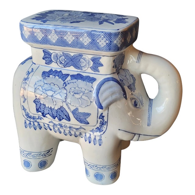 Vintage Large Blue and White Chinoiserie Elephant Plant