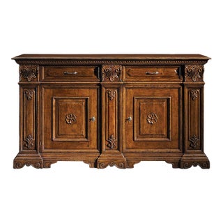 Italian Hand-Carved Walnut Sideboard With Paneled Doors For Sale