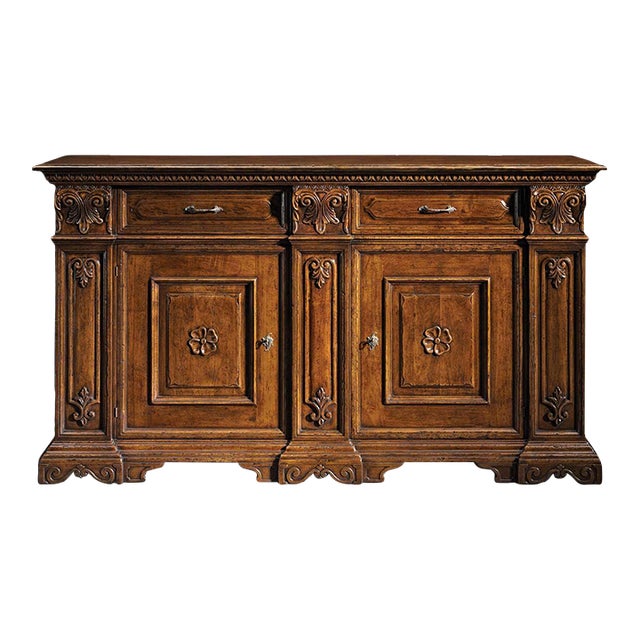 Italian Hand-Carved Walnut Sideboard With Paneled Doors For Sale