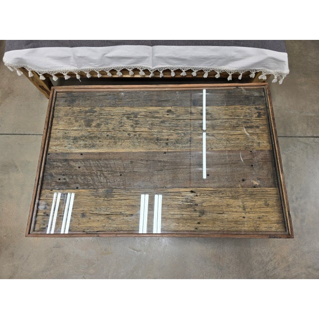 Greige Solid Reclaimed Wood Coffee Table With Glass Top For Sale - Image 8 of 8