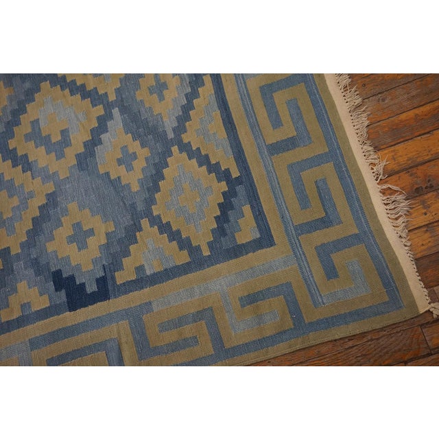 1930s Blue Geometric Tribal Antique Indian Cotton Dhurrie Rug 10' X 12'2" Flatweave Carpet For Sale In New York - Image 6 of 11