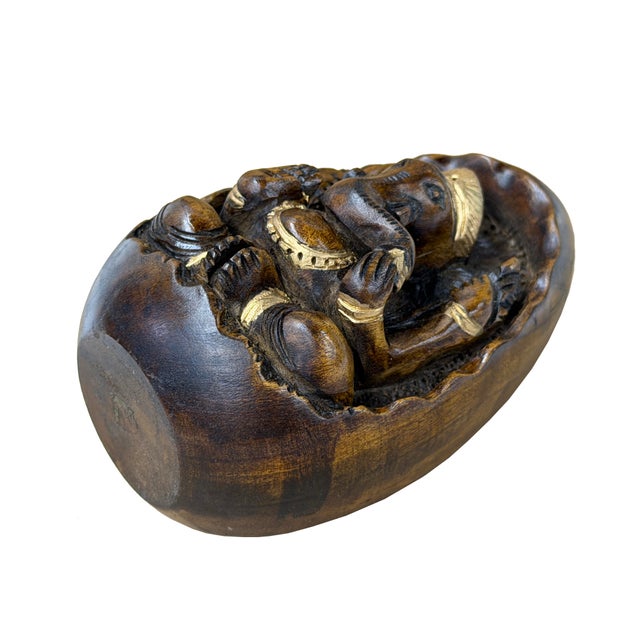 Vintage Oval Egg Shape Wood Relief Carved Ganesha Meditation Figure For Sale In San Francisco - Image 6 of 8