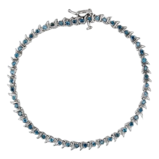 1.10ctw Blue Diamond Tennis Bracelet 14k White Gold 7" 4mm For Sale