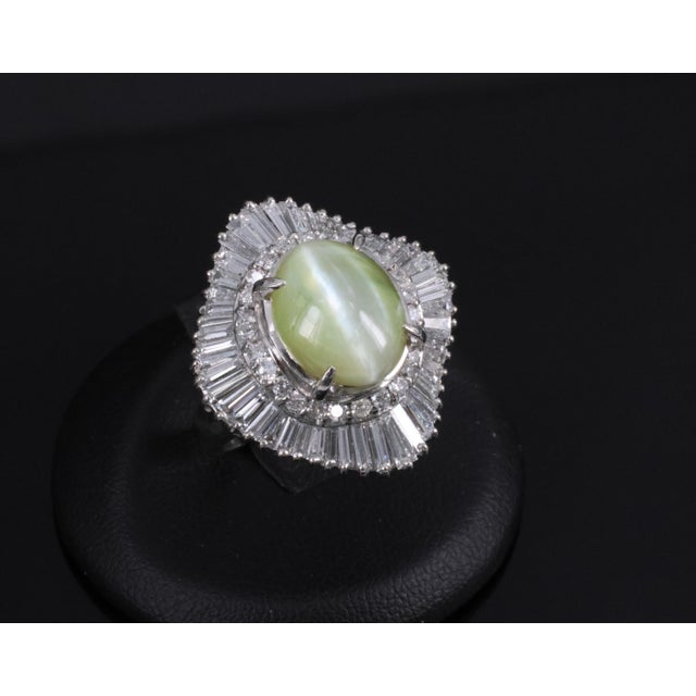 Metal Late 20th Century Rare 8.95ct Natural Chrysoberyl Cat's Eye 2.60ct Diamond Platinum Ring Size 6.5 For Sale - Image 7 of 18