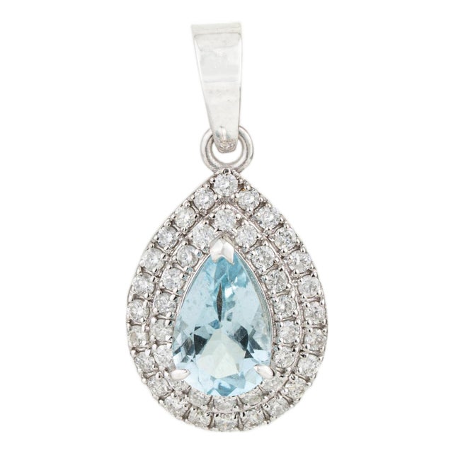 Vintage Aquamarine Diamond Double Halo Drop Pendant in 14k Gold For Sale