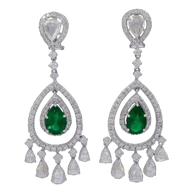 GIA Certified 6.5Ct Zambian Pear Emerald Diamond Hanging/Drop Earrings 18KW Gold For Sale