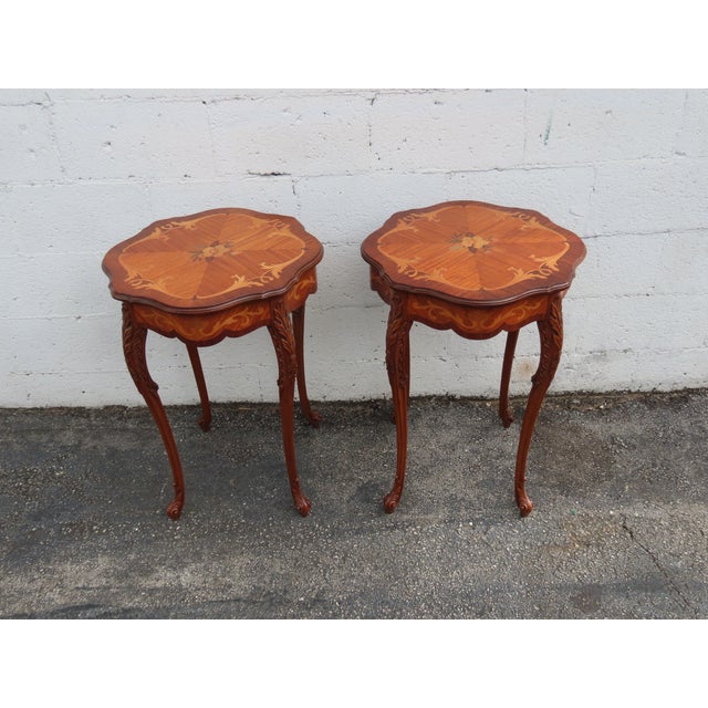 French Early 1900s French Carved Inlay Round Side End Tables a Pair 6375a For Sale - Image 3 of 14